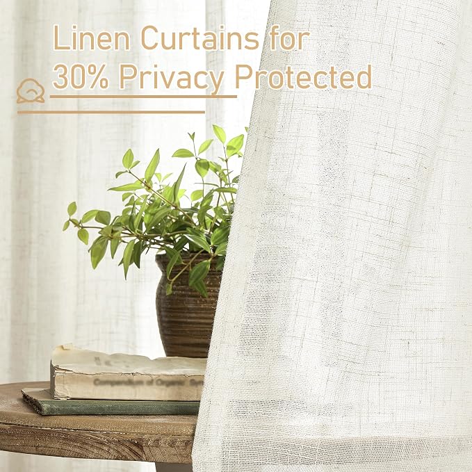 Light Filtering Linen Curtains 72 inches Long for Bedroom, 2 Panels | Linen Textured, Semi Sheer, Boho Drapes for Small Window, Living Room, Rod Pocket Back Tab, Cream, 2 Panels, 34 x 72 Inch