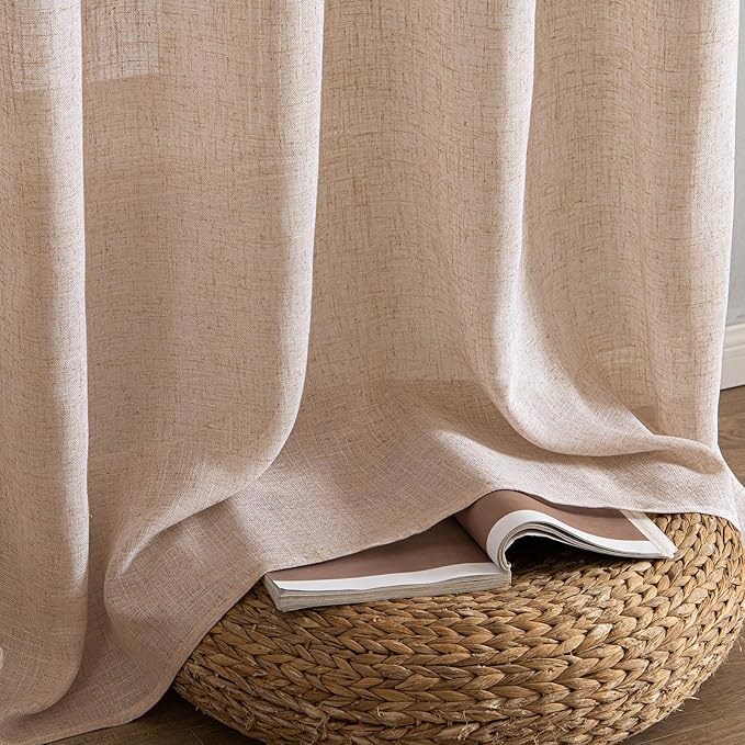 MIULEE Natural Beige Linen Curtains 52x63 Inch Long for Bedroom Living Room | 2 Panels, Soft Linen Textured Window Drapes, Semi Sheer Light Filtering, Back Tab Rod Pocket, Farmhouse Burlap Look Decor