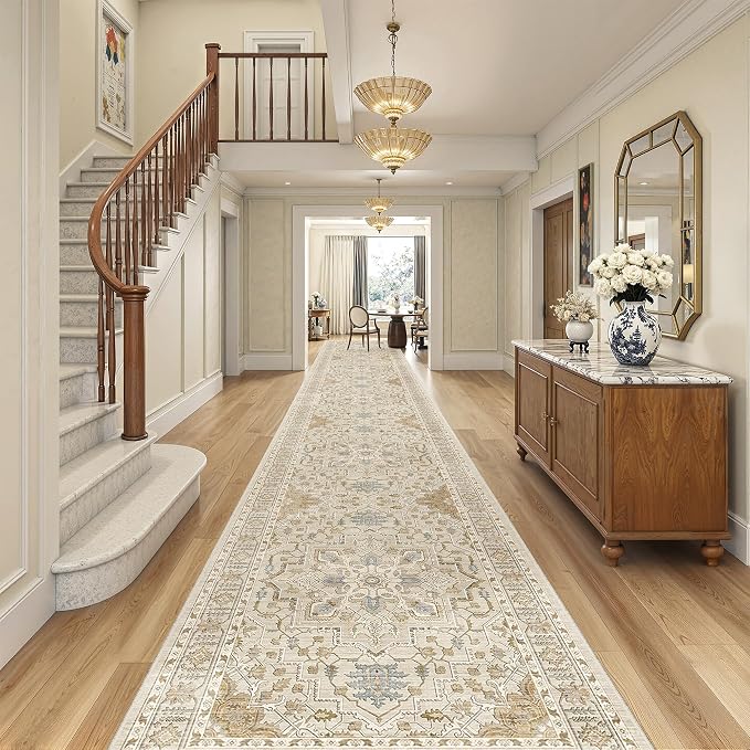 Madane Hallway Runner Rug 3x18 Washable Kitchen Runners 18ft, Beige/Blue | Vintage Non Slip Extra Long Area Rugs for Hallways, Soft Low-Pile Farmhouse Wide Floor Carpet for Entryway Bathroom Bedroom