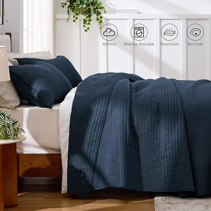 Love's cabin King Size Cotton Quilt Set, 100% Cotton Fabric Striped Textured Coverlet with Crinkled Look, Lightweight Quilted Bedspread for All Season, Includes 2 Pillow Shams, Navy