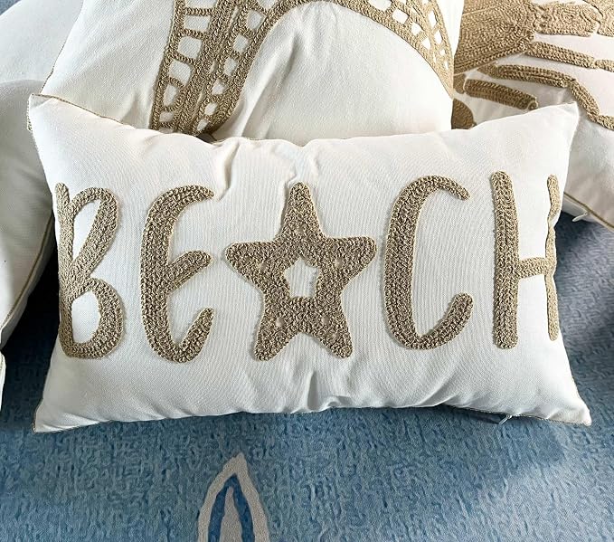 Embroidered Beach Throw Pillow Cover, Nautical Style Decorative Canvas Pillow Cover, 12 X 20 Inches, Wheat Beach