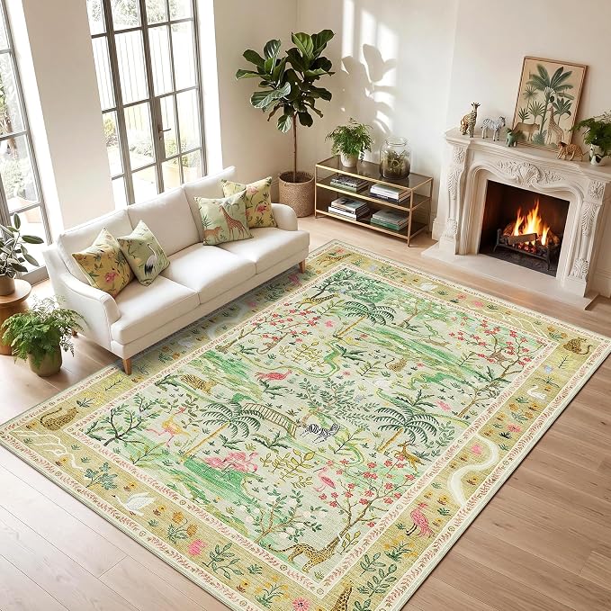 4x6 Whimsical Safari Nursery Area Rug Washable Non Slip Small Living Room Rugs Low Pile Animal Print Girs Bedroom Green Throw Carpet Forest Fairy Tale Area Rugs for Entry Kids Room, Sage Green