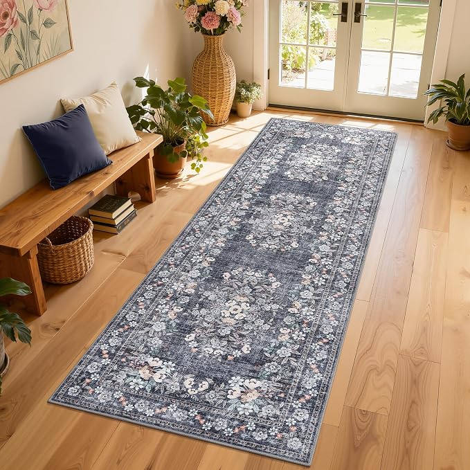 GarveeHome 2x10 Blue Runner Rug for Bath Distressed Leaf Flower Long Rug | Vintage Botanical Throw Floor Cover for Kitchen Low Pile Machine Washable Non-Slip Carpets Floral Rug for Entryway