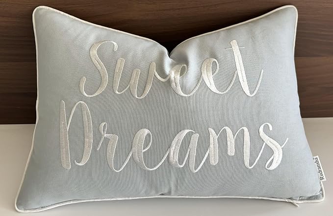 Rudransha Sweet Dreams Blue Grey Lumbar Pillow Cover 12x18 – Embroidered Script Quote Cotton Cushion Case – Good Night Sleep Bedroom Nursery Decor for Bed Crib Guest Room