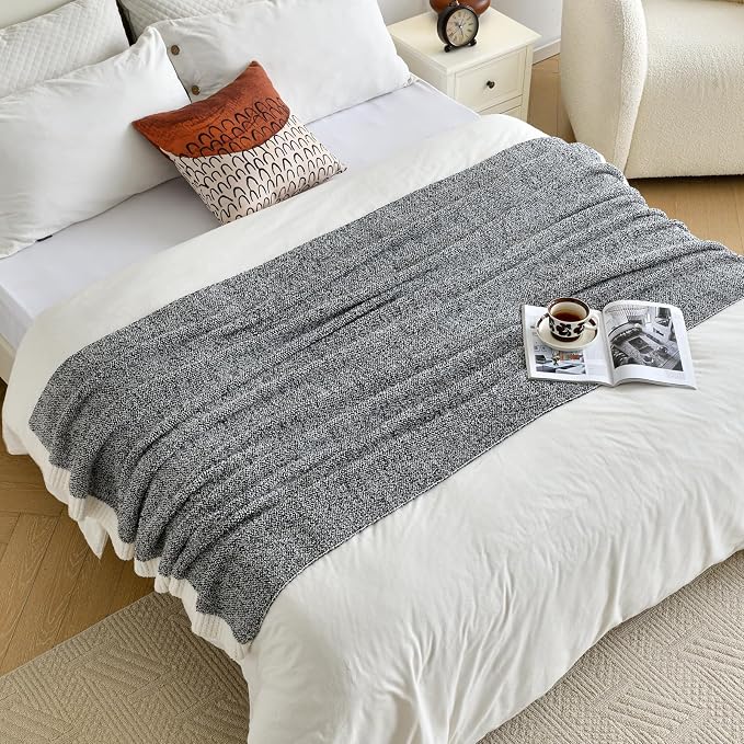 Chunky Knit Boucle Throw Blanket, Soft Washable Coastal Blanket for Bed Couch, Lightweight Cozy Oversized Feather Knit Blanket Indoor Outdoor for Sofa (Black, Twin 60"x80")