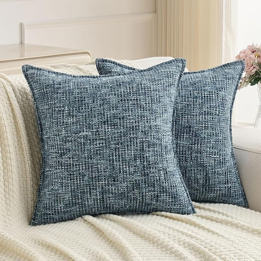 FUTEI Pack of 2 Chenille Tweed Vintage Throw Pillow Covers 18x18 Inch Soft Decorative Cushion Case Modern Farmhouse Accent for Couch Bed Living Room, Navy