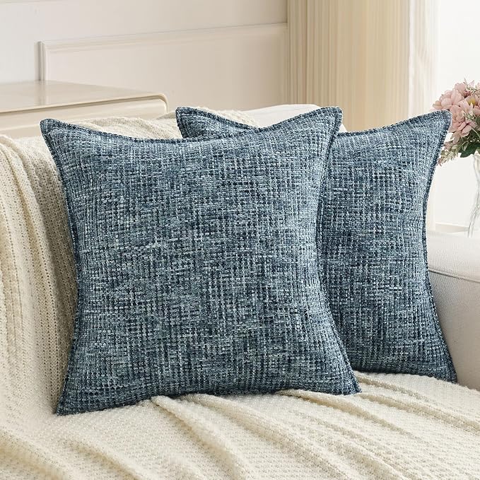 FUTEI Pack of 2 Chenille Tweed Vintage Throw Pillow Covers 24x24 Inch Soft Decorative Euro Pillow Shams Modern Farmhouse Accent for Couch Bed Living Room, Navy
