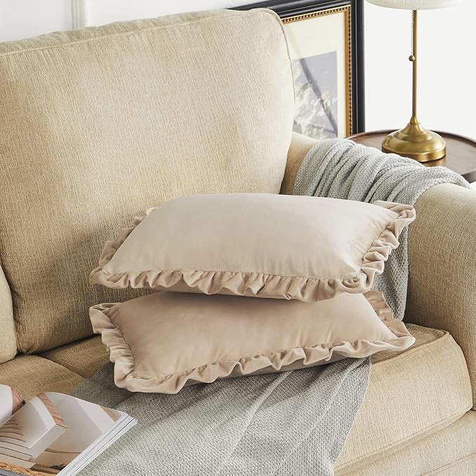 GIGIZAZA Champange Lumbar Throw Pillow Covers, 12x20 Decorative Velvet Ruffle Cushion Pillow Covers for Sofa Couch Set of 2
