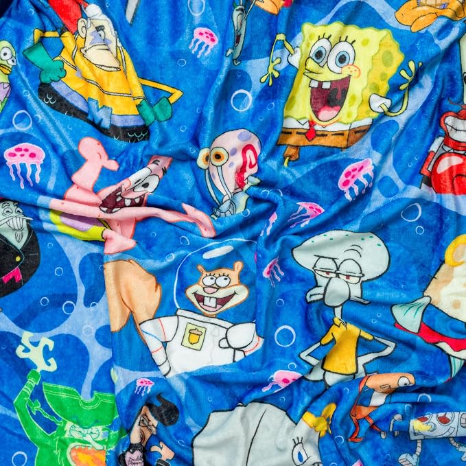 Silver Buffalo Spongebob Squarepants, Patrick, Throw Blanket, 45x60in | Squidward, Mr. Krabs, Sandy, Mermaid Man, Barnacle Boy, Flying Dutchman, Pearl, Bikini Bottom, Soft, Cozy, Fleece, 185 GSM