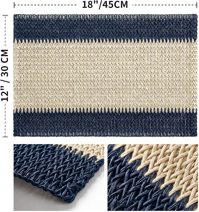 Artoid Mode Blue Paper Woven Farmhouse Stripe Placemats Set of 4,12x18 Inch Seasonal Holiday Table Mats Party Kitchen Dining Decoration