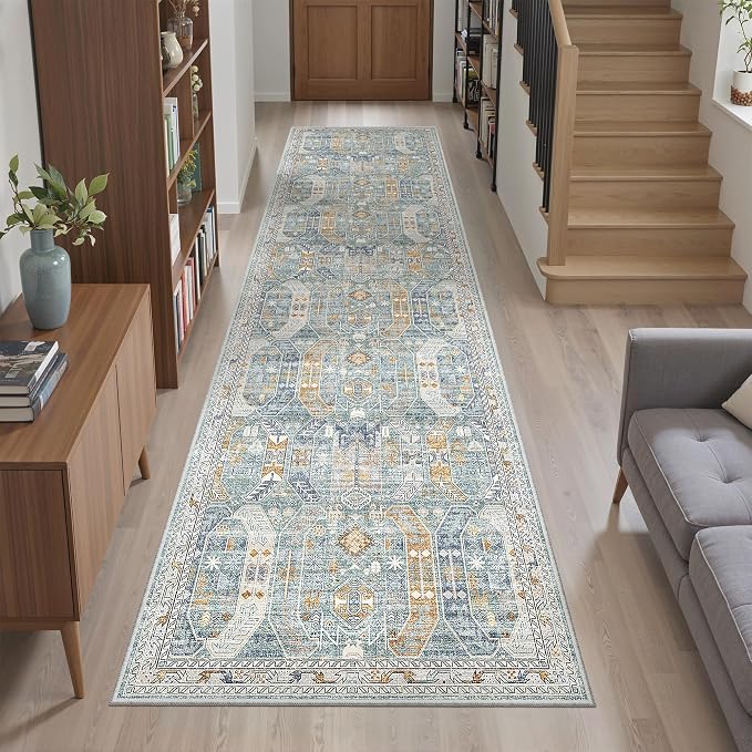 Madane Hallway Runner Rug 2x8 Washable Kitchen Rugs Non-Slip, Blue/Gold | Vintage Machine Washable Low-Pile Floor Carpet 8ft, Soft Ultra-Thin Throw Entry Foyer Mat for Entrance Laundry Living Room