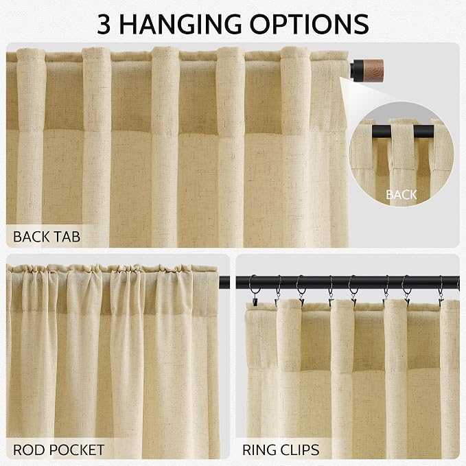 Cream Yellow Linen Curtains 90 Inches Long for Living Room Light Filtering Modern Farmhouse Sheer Curtains Back Tab and Rod Pocket Curtain for Bedroom Office 52x90, 2 Panels