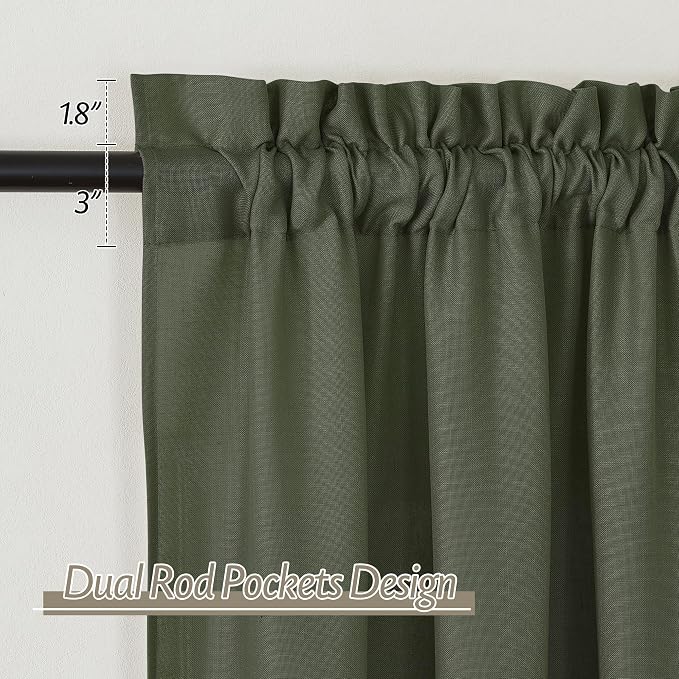 RYB HOME Linen Sheer Curtains 2 Panels for Living Room, Semi Transparent Privacy Drapes with Rod Pocket Farmhouse Style Window Treatments for Bedroom, Olive Green, 52" W x 95" L