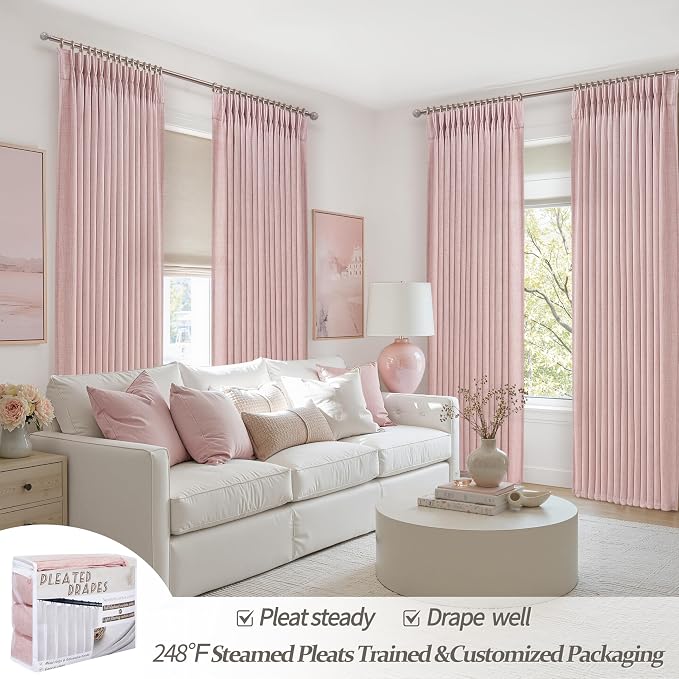Cute Baby Pink Memory Trained Pinch Pleated Curtains 84 Inch Length 2 Panels Set for Girl Room Nursery, Linen Blend Light-Pink Princess Semi Sheer Light Filtering Living Room Drapes Back Tab 40Wx84L