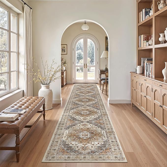 Madane Washable Runner Rugs 2x12 Long for Hallway Kitchen, Turmeric/Grey | Non-Slip Vintage Printed 12ft Rug Runners with Rubber Backing, Thin Low-Pile Floor Carpet Laundry Room Entryway, Corridor