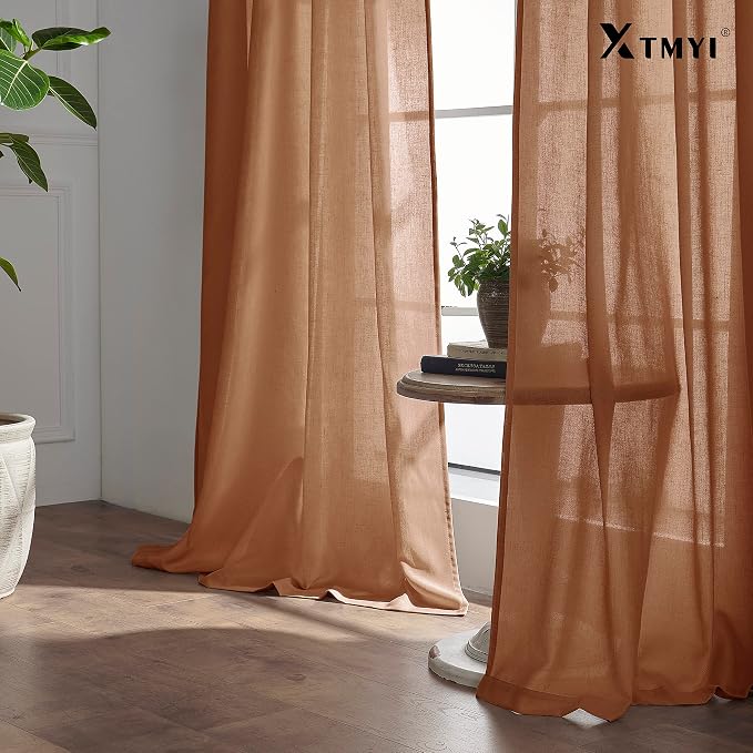 XTMYI 84 Inches Long Terracotta Country Curtains for Living Room,Sheer Linen Curtains for Bedroom 70 Inches Wide