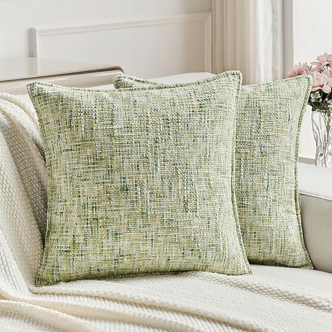 FUTEI Pack of 2 Chenille Tweed Vintage Throw Pillow Covers 24x24 Inch Soft Decorative Euro Pillow Shams Modern Farmhouse Accent for Couch Bed Living Room, Light Green