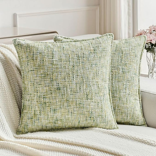 FUTEI Pack of 2 Chenille Tweed Vintage Throw Pillow Covers 20x20 Inch Soft Decorative Cushion Case Modern Farmhouse Accent for Couch Bed Living Room, Light Green
