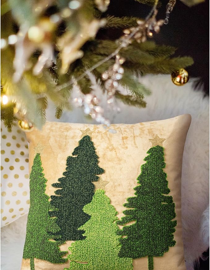 Christmas Tree Pillow Covers 18x18, Embroidered Throw Pillow Covers Decorations Holiday Pillows for Home Couch Sofa Bed Living Room,Gold Crushed Velvet Cushion