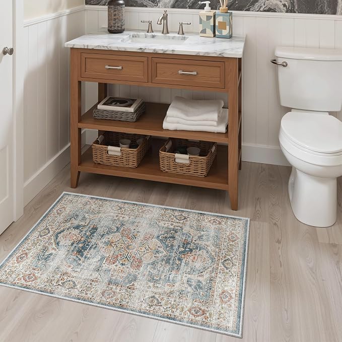 Madane Washable Area Rug 2x3 Small Entryway Rugs Non-Slip, Navy | Vintage Stain-Resistant Door Mat Indoor Entrance, Low Pile Floor Carpet for Inside Front Bedroom Kitchen Entry Laundry, Stair