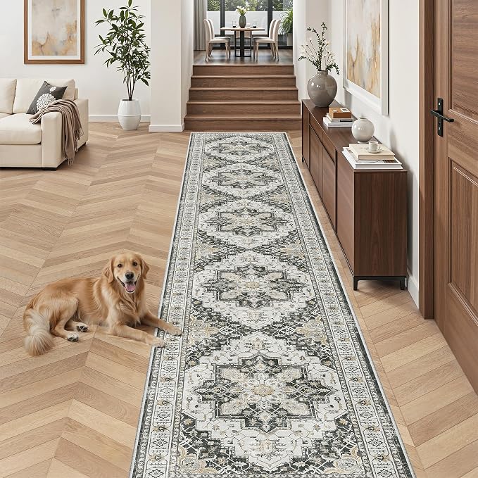 Madane Hallway Runner Rug 2'6''x16' Kitchen Runners Vintage, Black | Long Non-Slip Washable Rugs 16ft for Entryway Laundry and Bedroom, Stain-Resistant Low-Pile 2.5x16 Ft Floor Carpet