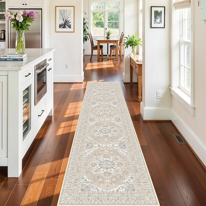 Washable Kitchen Runner Rug 2x10: Non-Slip Hallway Entryway Rugs with Rubber Backing Stain Resistant Soft Thin Low Pile Carpet for Bedroom Indoor Vintage Home Decor Mat for Bathroom (Beige/Cream,2x10)