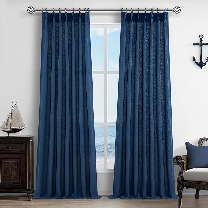 Pinch Pleated Denim Blue Curtains 102 Inches Long for Sliding Glass Doors 2 Panels Set, Modern Natural Linen Blend Memory Trained Pleat Sheer Window Drapes with Hooks Ring for Office 40"W x 102"L Navy