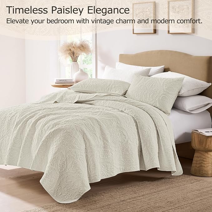PALASSIO Beige Paisley 100% Cotton Quilt California Cal King Size Bedding Sets with 2 Pillow Shams, Oversized Boho Floral Farmhouse Vintage Soft Bedspread Shabby Chic Coverlet for All Season, 3 Pieces