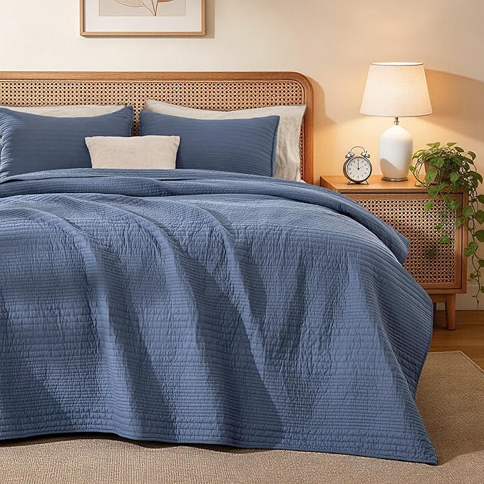 Love's cabin King Size Cotton Quilt Set, 100% Cotton Fabric Striped Textured Coverlet with Crinkled Look, Lightweight Quilted Bedspread for All Season, Includes 2 Pillow Shams, Bluish Grey | Lightweight