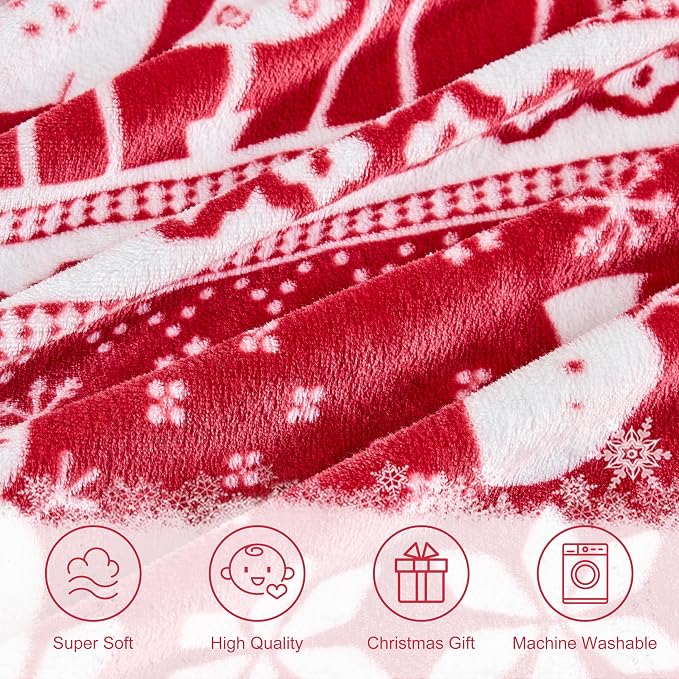 Edenleaf Christmas Blanket Soft Cozy Fleece Throws with Snowman Snowflake Reindeer and Xmas Trees Print, Fuzzy Warm Christmas Throw Blanket for Couch Bed Holiday Decorations Gifts 60"x80" (Red)