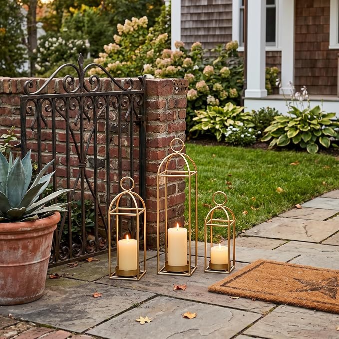 22.2" Outdoor Decorative Lanterns, Metal Candle Lanterns, Farmhouse Lantern Decor, Antique Gold Iron Lantern Candle Holders for Fireplace Mantel, Table Centerpiece,Home Decor