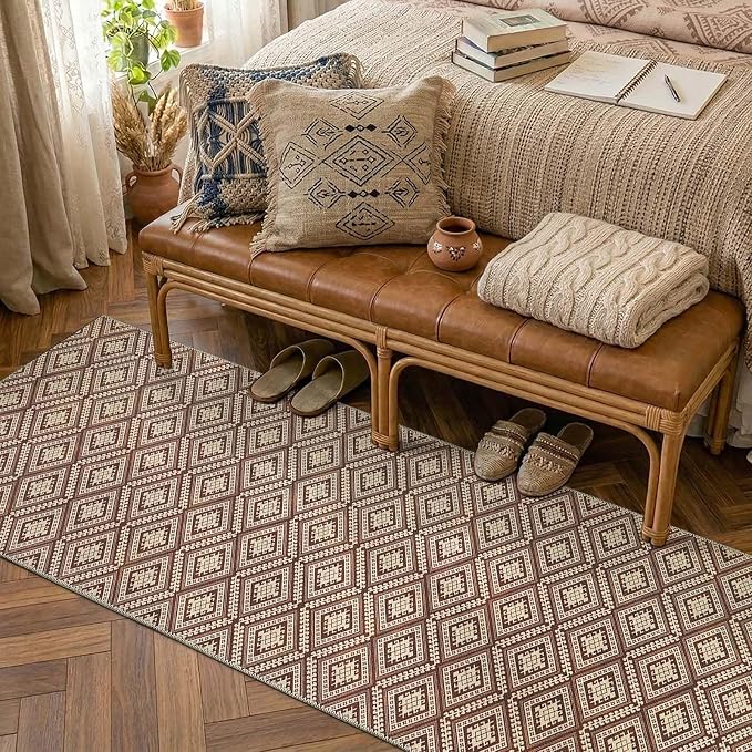 jinchan 2x6 Faux Jute Runner Rug Washable Hallway Rug Terracotta Brown | Vintage Geometric, Non-Slip, Low Pile, Indoor Outdoor, High-Traffic, Kitchen, Bathroom, Laundry, Porch, Balcony, Entryway