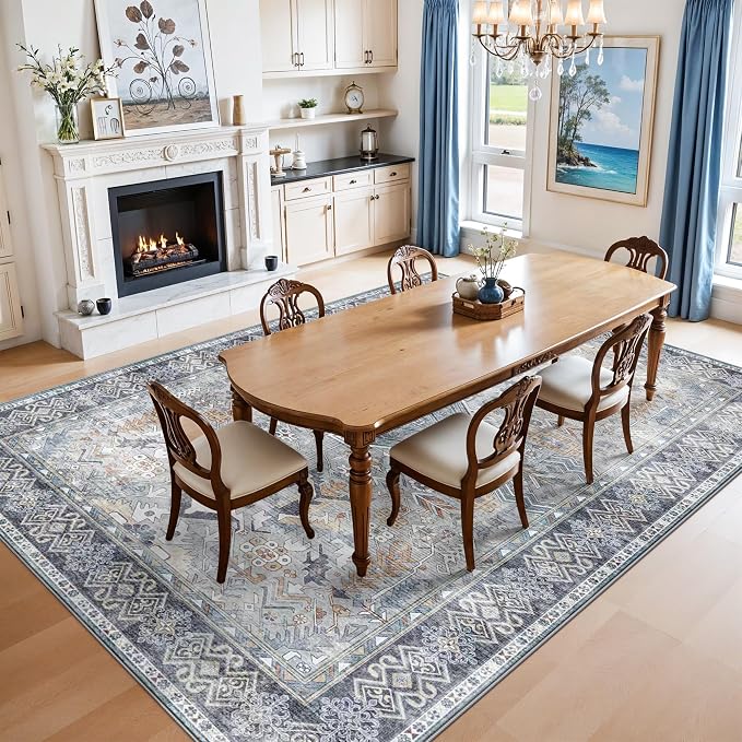 Washable Living Room Area Rug - 8x10 Large Bedroom Rug Distressed Oriental Non-Slip Non-Shedding Print Floor Carpet for Dining Room Kitchen (Grey/Blue,8 x 10)