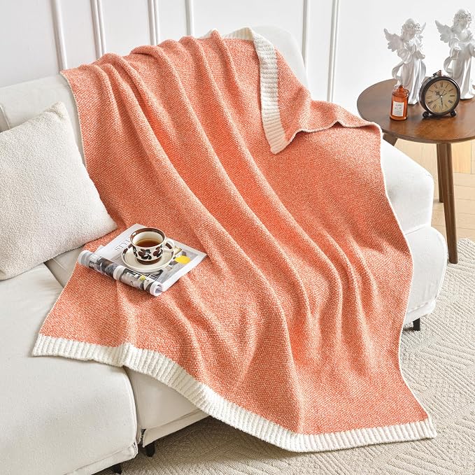 Chunky Knit Boucle Throw Blanket, Soft Washable Coastal Blanket for Bed Couch, Lightweight Cozy Oversized Feather Knit Blanket Indoor Outdoor for Sofa (Orange, Twin 60"x80")