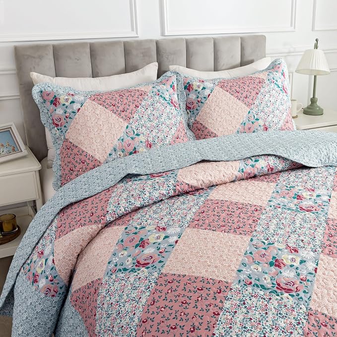 Travan 3-Piece Bedspread Quilt Set Lightweight Coverlet Set Garden Style Floral Printed Oversized Quilted Bedding Set with Shams for All Season, Exquisite, Queen Size
