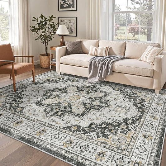 Madane 6x9 Area Rugs for Living Room, Soft Vintage Washable Rug, Black | Stain Resistant Floor Carpet With Non-Slip Backing For Bedroom, Dining Bedroom And Office, Low-Pile Home Decor Mat