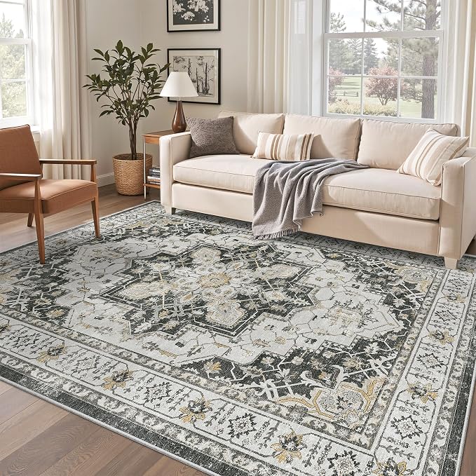 Madane 5x7 Area Rugs for Living Room, Non-Slip Washable Rug, Black | Ultra-Thin Stain Resistant Vintage Large 5'X7' Carpet, Soft Low Pile Floor Mat For Bedroom Dining Room Office Home Decor