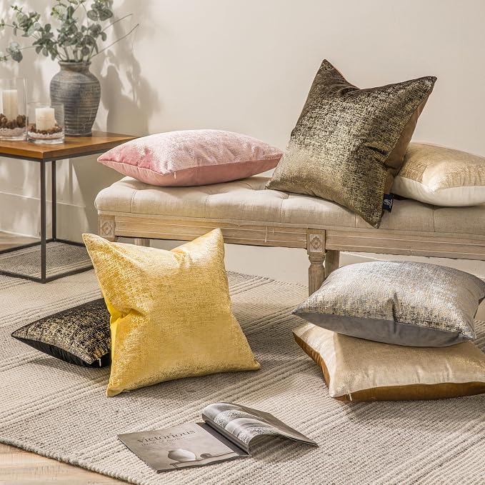Phantoscope Pack of 2 Sparkling Velvet Decorative Throw Pillow Covers Soft Gold Glitter Square Cushion Cover Pillowcase for Couch Bed and Chair, Dark Brown, 12 x 20 inches, 30 x 50 cm