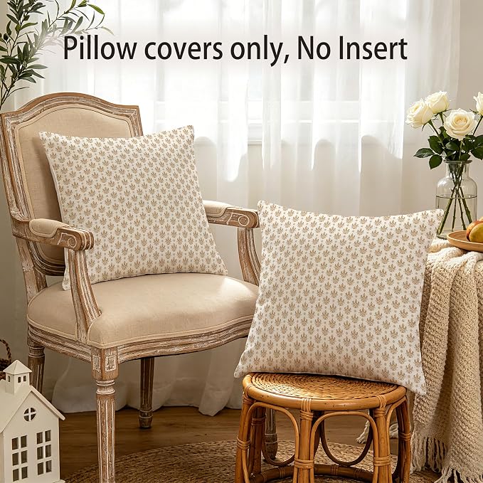 Hexagram Floral Pillow Covers 18x18, Vintage Brown Throw Pillow Covers | Cognac Brown, Set of 2, Farmhouse Neutral Decorative for Couch Pillows, Home Decor, Living Room, Bedroom, No Insert