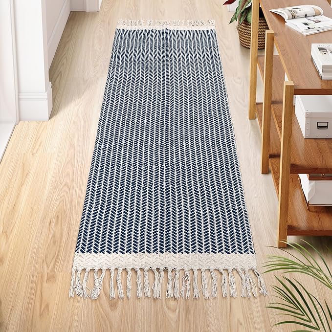 Lahome Boho Bathroom Runner Rug, 2x6 Washable Rugs for Kitchen Hallway | Woven Cotton Laundry Room Throw Carpet with Tassels, Farmhouse Decor Blue Non Shedding Lightweight Mat for Entryway Bath