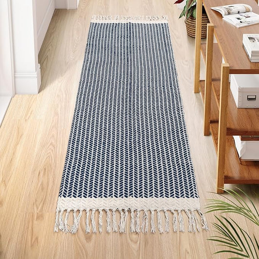 Lahome Boho Bathroom Runner Rug, 2x6 Washable Rugs for Kitchen Hallway | Woven Cotton Laundry Room Throw Carpet with Tassels, Farmhouse Decor Blue Non Shedding Lightweight Mat for Entryway Bath