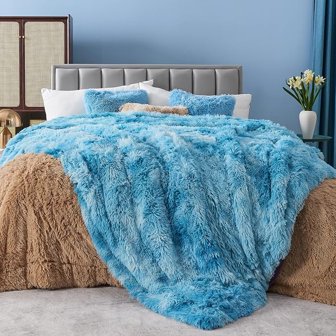 GONAAP Fuzzy Faux Fur Throw Blanket for Couch, Tie-dye Ocean Blue, 50"x60" | Warm Cozy Plush Shaggy Decorative Reversible Thick Non-Heated Fleece Blanket for Sofa Bed, Gift for Women Men, All Season Use