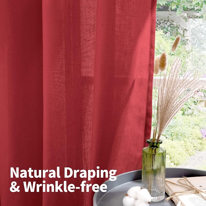 YoungsTex Red Linen Curtains 84 Inches Long for Living Room, Light Filtering Drapes with Grommet Semi Sheer Privacy for Bedroom Dining Room, 2 Panels, 52 X 84 Inch