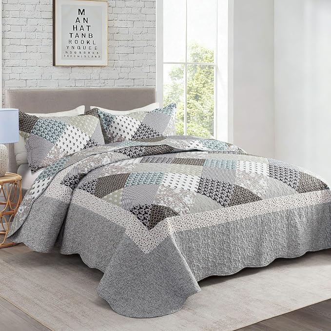 Travan 3-Piece Quilt Set Quilted Bedspread Garden Style Floral Printed Oversized Microfiber Lightweight Coverlet Set with Shams, Exquisite, Queen Size