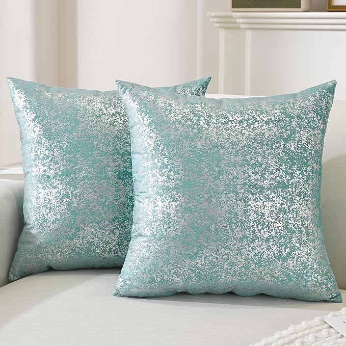 Gyulin Pack of 4,Silver Velvet Throw Pillow Covers 18x18 Inches, Sparkle Silver Foil Print Solid Square Pillow Covers Cushion Covers for Couch Sofa Home Bedroom Decor, Aqua Green