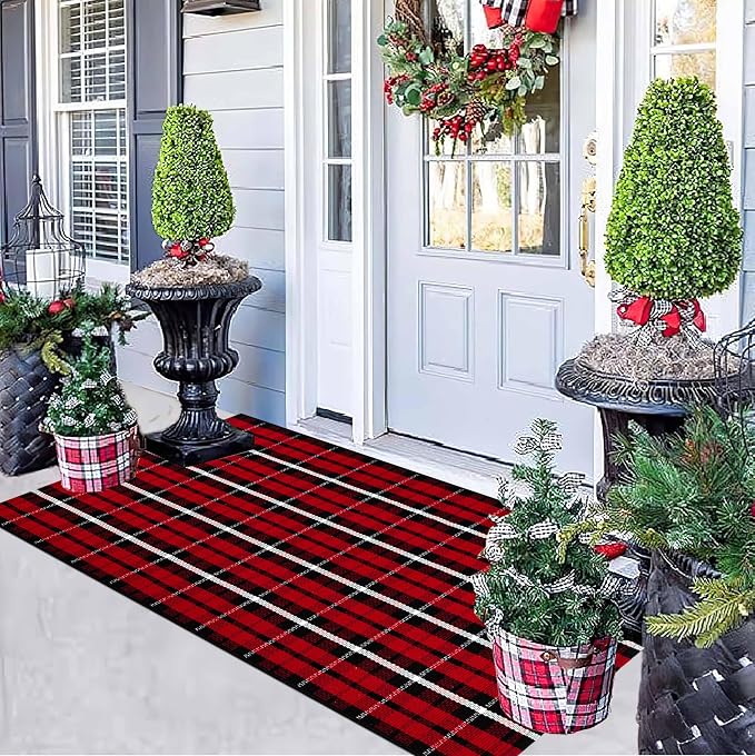 Christmas Outdoor Rugs 24 x 51''Black Red Buffalo Plaid Front Porch Rug Hand-Woven Machine Washable Indoor/Outdoor Layered Door Mats for Entryway/Bedroom/Outdoor