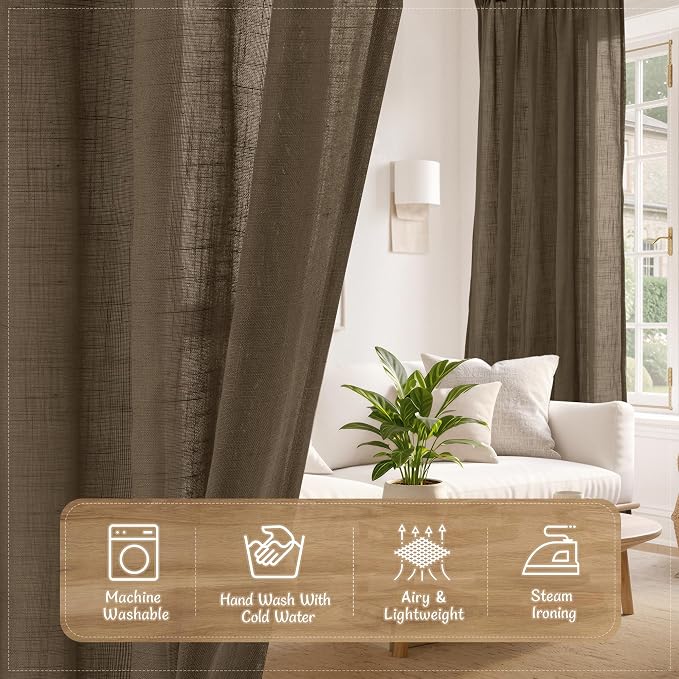 Brown Sheer Curtains 102 Inch Faux Linen Back Tab 2 Panels