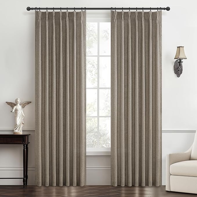 Custom Heavy Linen Pinch Pleated Kitchen 54 Inch Curtains 2 Panels Set, Dark Tan Boho Memory Trained Privacy Short Sheer Curtains Let The Light in Bedroom with Hooks Sunroom Flax Pleat Window Drapes