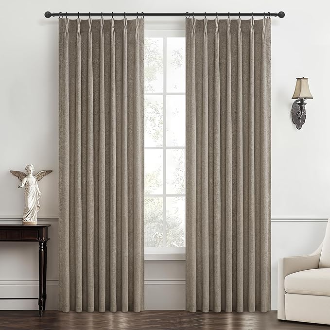 Memory Shape Pinch Pleated 86 Inch Curtains 2 Panels Set for Living Room, Dark Flax Natural Linen Semi Sheer Light Filtering Privacy Sliding Glass Door Boho Viral Window Curtain 40"W x 86"L Brown Burg