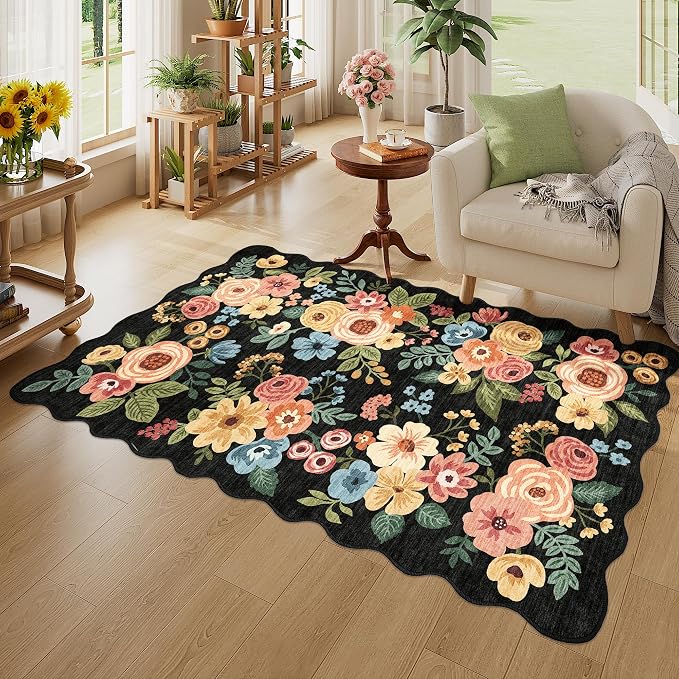 DUKINO 3x5 Area Rugs, Non Slip Floral Washable Rug for Bedroom, Black | Soft, Low Pile, Non-Shedding Throw Rugs for Living Room, Entryway, Kitchen, Kids Room, Pet Friendly, Home Decor, Lightweight